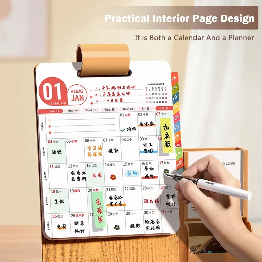 

Year of The Horse 2026 Desk Calendar Student Stationery with Pen Holder Ornamental Gift Box Wooden Desktop Ornament