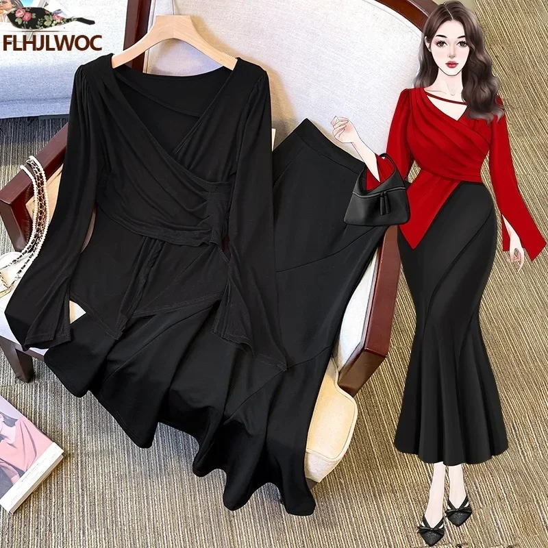 New Year Red Tops Elegant Women Fashion French Design Office Lady Basic Wear Outfits Solid Sexy V Neck Tops Blouses