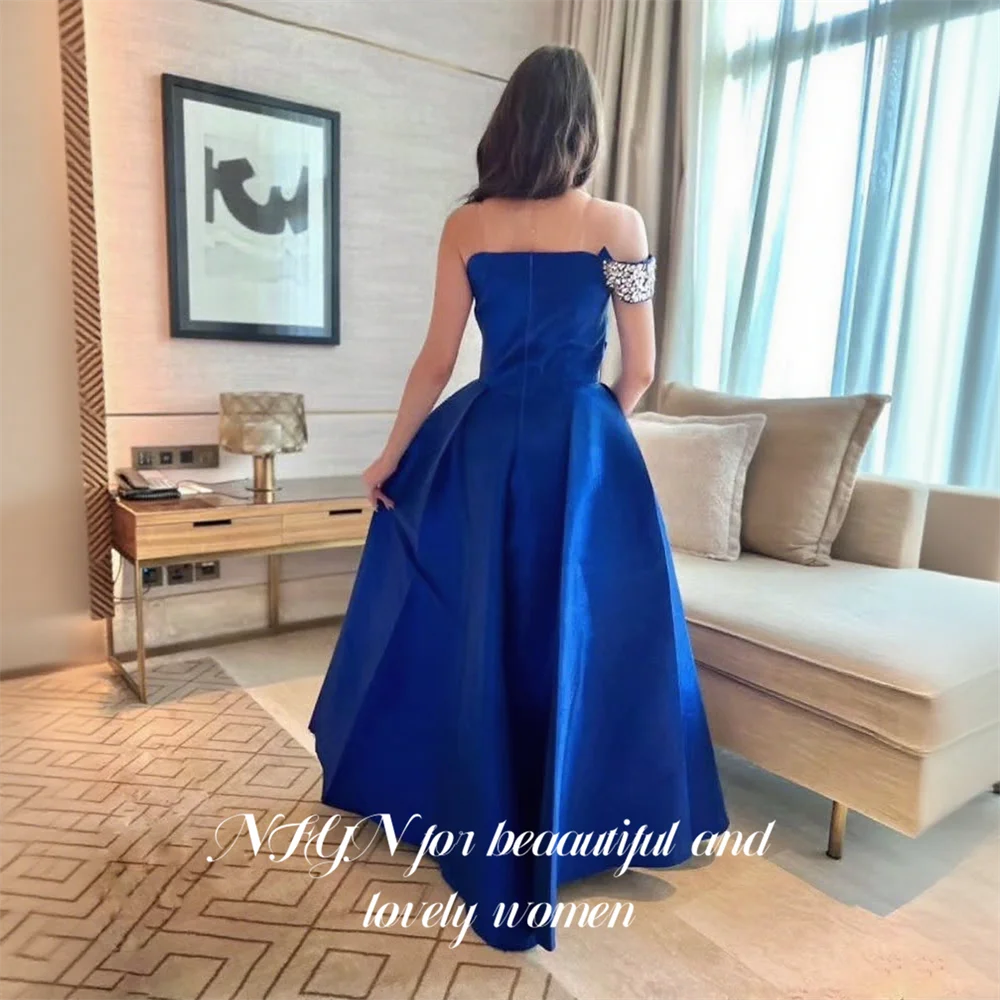 NFYN – robe de bal bleue en Satin, ligne A, pierres de cristal, asymétrique épaule dénudée, soirée formelle pour femmes, personnalisée
