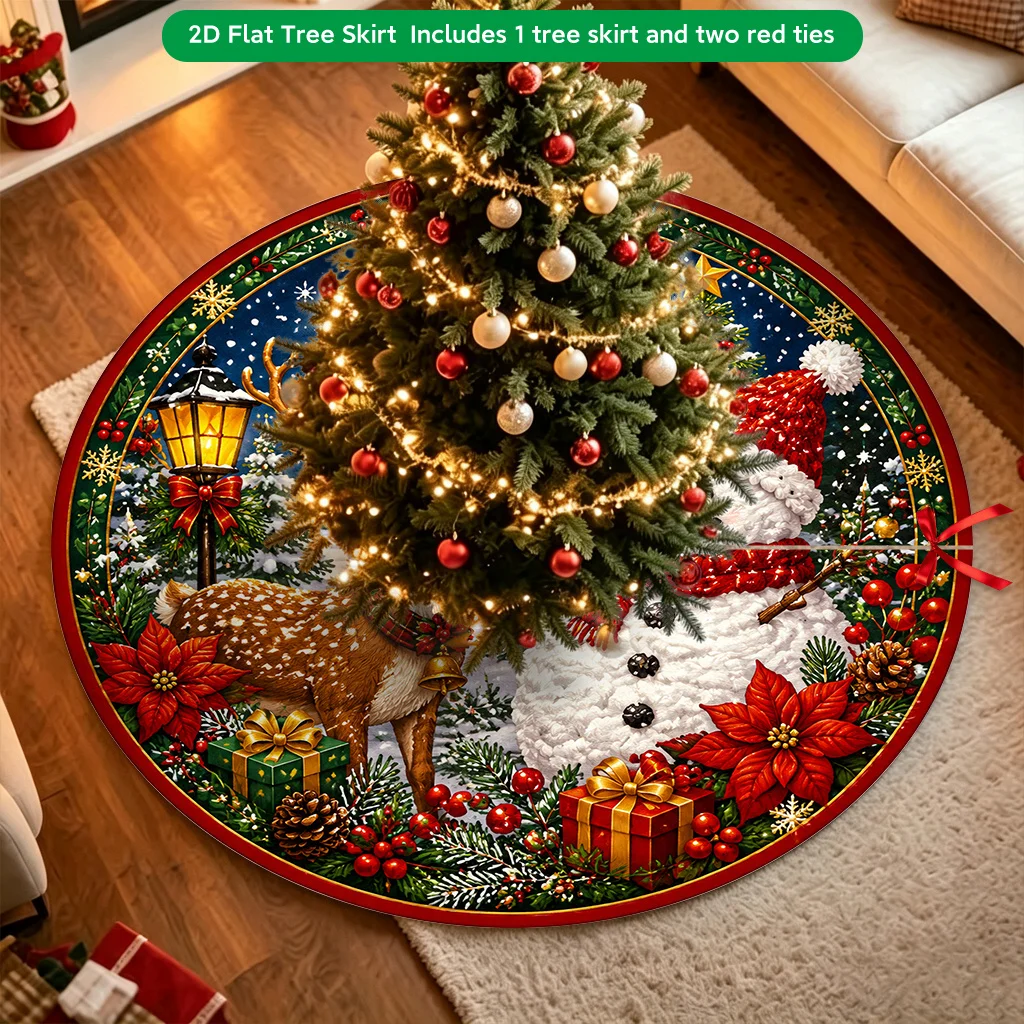 VIKAMA Christmas Tree Skirt Xmas Deer Poinsettia Gift Box Pine Cone Print Non‑Slip Washable Round Christmas Tree Decoration Mat