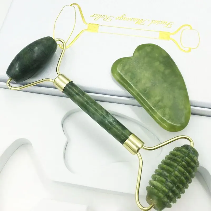 Green Natural Jade Stone Double Headed Multifunctional Massage Roller Gua Sha Scraping Tablet Beauty Massage Set