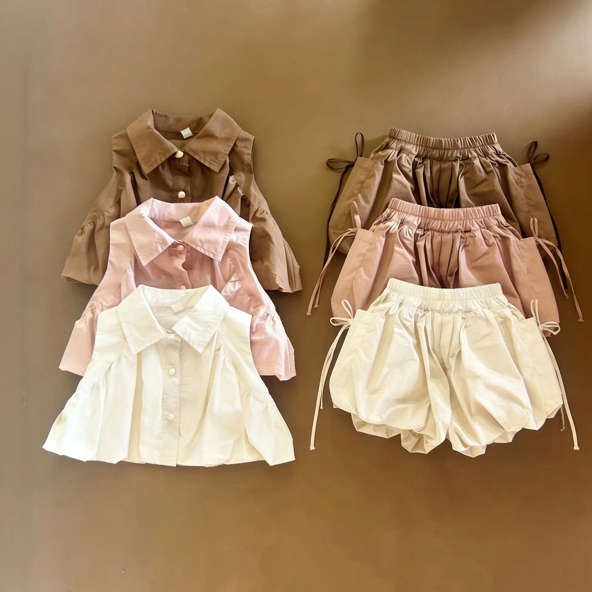 

2026 Summer New Children Sleeveless Clothes Set Cute Girls Solid Lapel Cardigan + Bow Shorts 2pcs Suit Kids Cotton Outfits