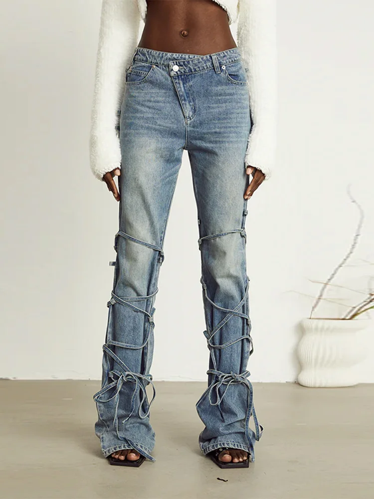 

Summer New Woman's Bow Lace Asymmetric Denim Pants Low Waist Slim Straight High Street Fashion Y2K Elegant Retro Jeans Trousers
