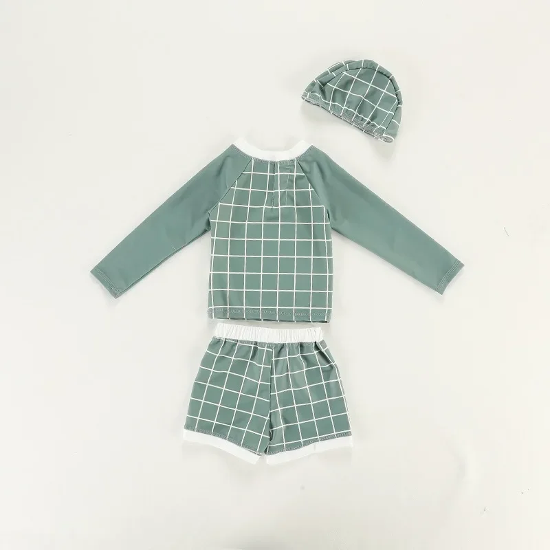 Conjunto de traje de baño de manga larga para niños, Top a cuadros a prueba de sol, bañadores de natación, traje de surf para niños pequeños