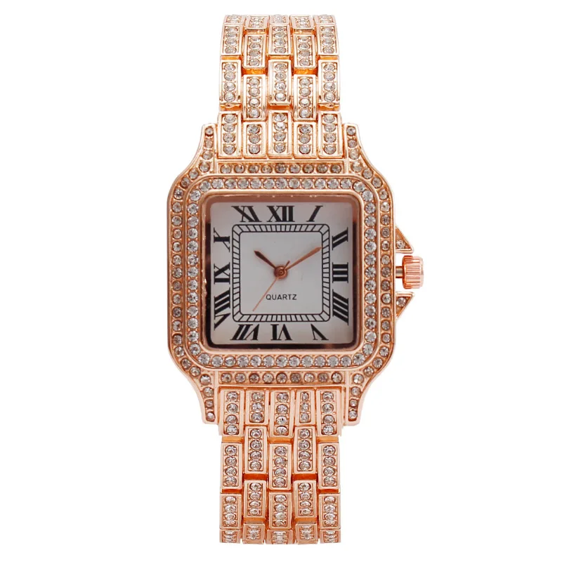 Women's Quartz Watch Square Roman Numeral Diamond-Encrusted Fashion Female Watches Casual Ladies Wristwatch Daily Wear Girl Gift