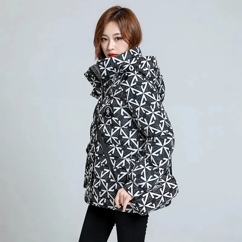 

2023 New Printed Down Cotton Jacket Women's Loose Winter Warm Cotton Coat Fashion Parkas Black White Hooded Overcoat Female