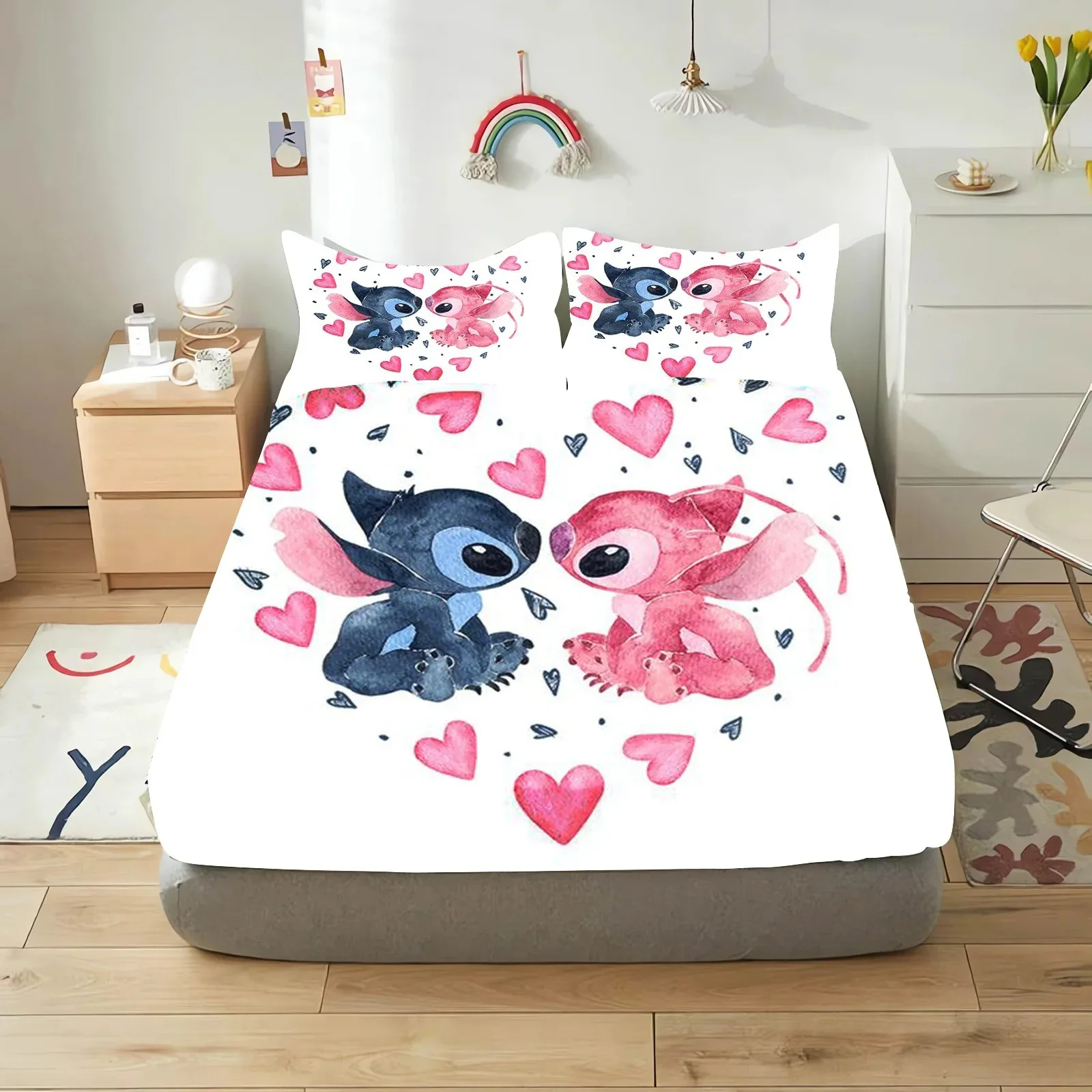 Stitch Bedding Set,Disney Cartoon Fitted Sheet 3pcs Printed With Pillowcase,Suitable For Girls Boys Adults birthday gift