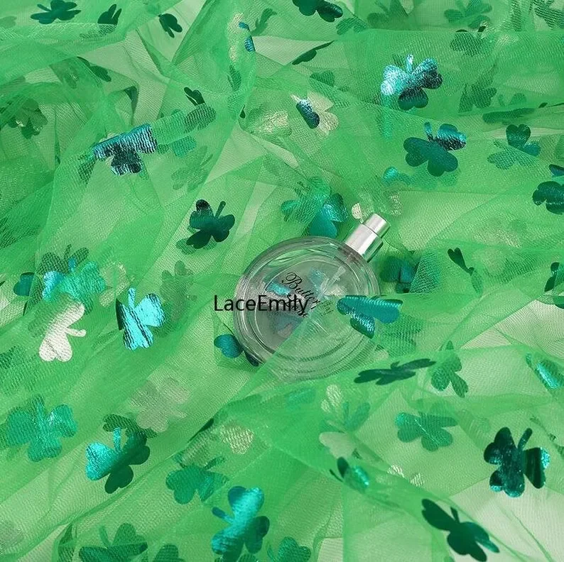 Green clover pattern Lace Fabric Clover print green soft tulle fabric for wedding bridal lace dress veil lace 1 yard 51