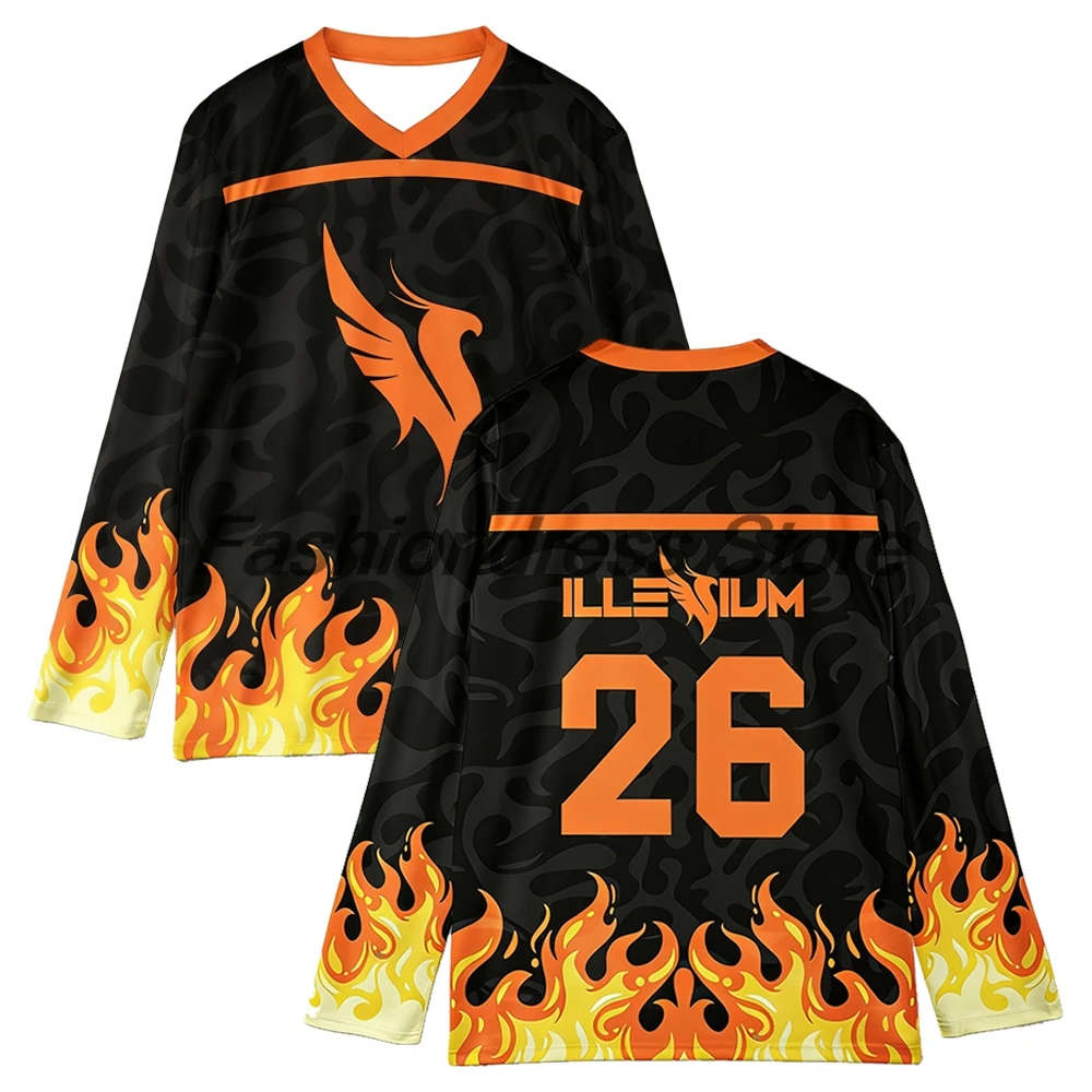 

Illenium Fire Flame Hockey Jersey 2026 Music Festival V-Neck Long Sleeve Loose Top T-shirt Women Men Sportwear Shirts
