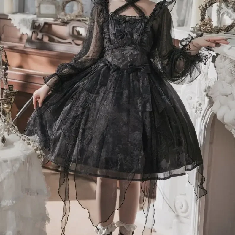 

MAGOGO Gothic Black Gray Long Lantern Sleeve Lolita Dress Lace Irregular Mesh Harajuku Sweet Bow Princess Dress Women Vestidos