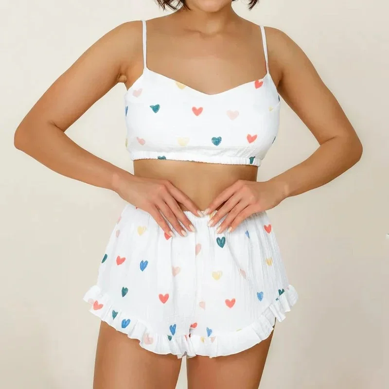 Summer Color Heart Print Shorts Sets Cotton With Spaghetti Strap 2 Piece Sets 2026 Casual Outfits Home Pajamas Women