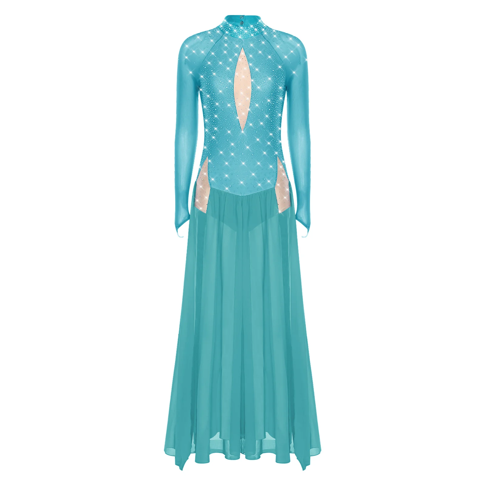 

Womens Shiny Rhinestone Lyrical Dance Maxi Dress Long Sleeve Backless Chiffon Slit Hem Jazz Leotard Dress Modern Dancewear