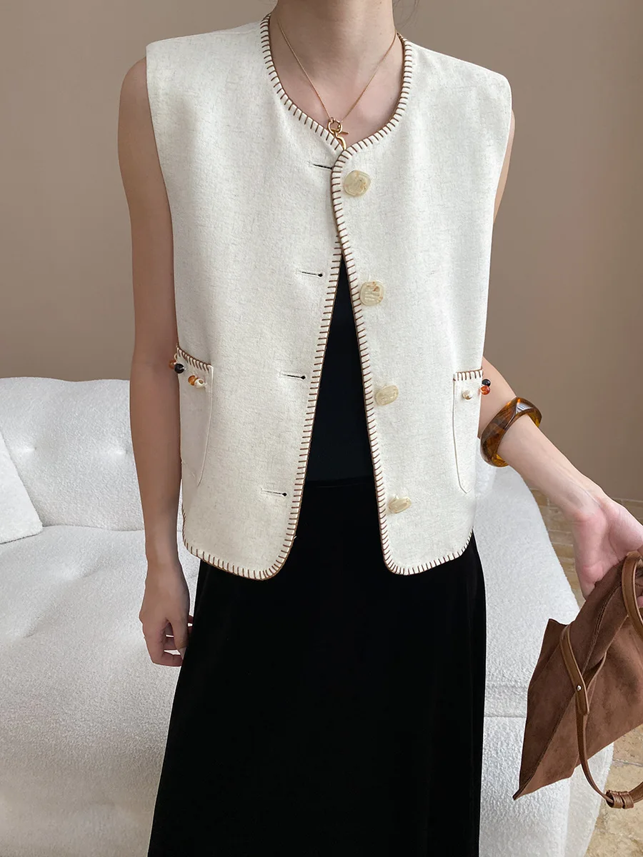 

Жилет без рукавов ручной работы с открытой нитью и каймой в этническом стиле во французском стиле