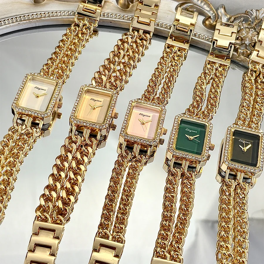 Elegant Golden Square-Faced Double-Chain Wrist Watch for Women: A Symbol of Refined Glamour