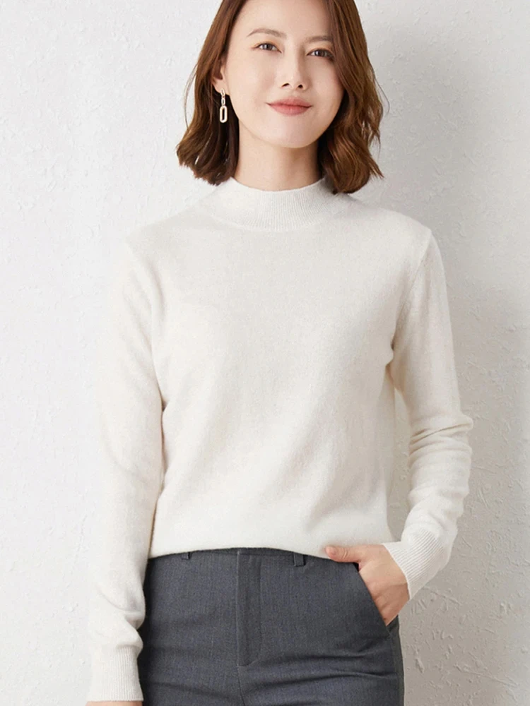 Women Solid Half High Collar Cashmere Sweater Autumn Winter New Loose Sweater  Plus-Size Knitted Wool Casual Bottoming Shirt