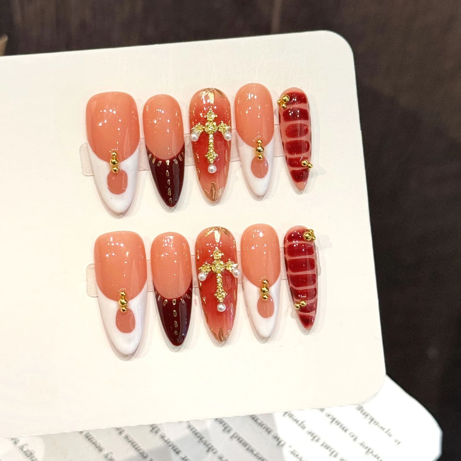 

10pcs Pink Orange Handmade Press On Nails Pearl Gold Beads Cross Decor White Wine-red French Fake Nail Blush Almond False Nail