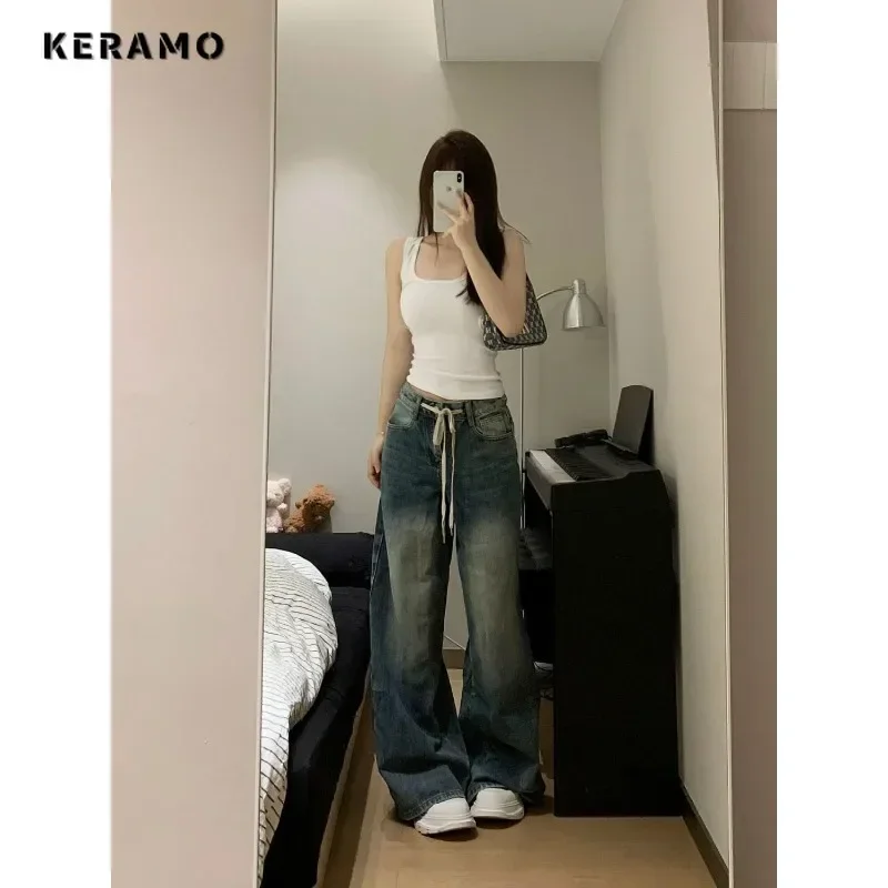 Harajuku Vintage Drawstring High Waist Loose Jeans 2023 Autumn Pants Winter Women's Y2K Wide Leg Baggy Streetwear Denim Trouser