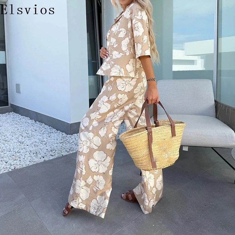 

Lady Fashion Button Lapel Collar Shirts&Long Pants Suit Summer Elegant Pattern Print 2Pcs Women Outfit Women Slim Vacation Suit
