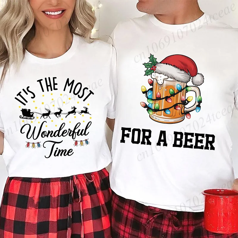 Funny Couple Shirt for Chrismas Graphic T-Shirt for Men Beer and Most Wonderful Time of Year Men Women Harajuku Streetwear Tops