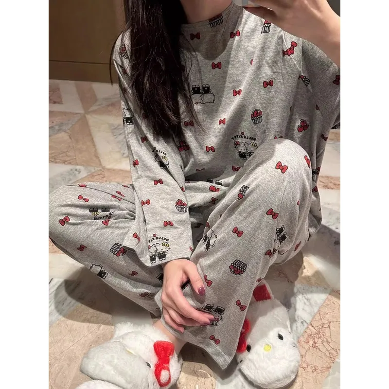 2024 Autumn Sanrio Pajamas Women Loose Round Neck Cute Kitty Homewear Simple Leisure Long-Sleeved Long Pants two-piece Suit