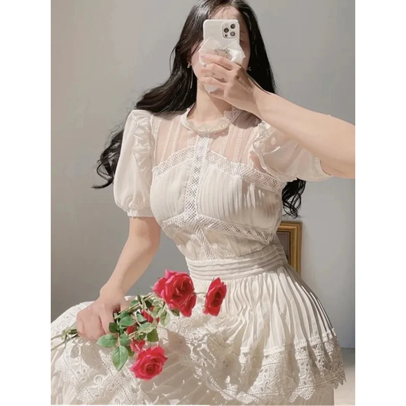 

New Summer Dresses Korean Retro Short Sleeved Lace Patchwork Dresses Fashion Slim Big Swing O-Neck Long Party Dress S-XXL