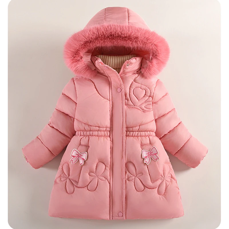 2025 nueva chaqueta de invierno para niñas, Parka larga con forro de Color sólido, forro polar bereber grueso y cálido con capucha para niñas de 4 a 10 años, traje de nieve a la moda con lazo
