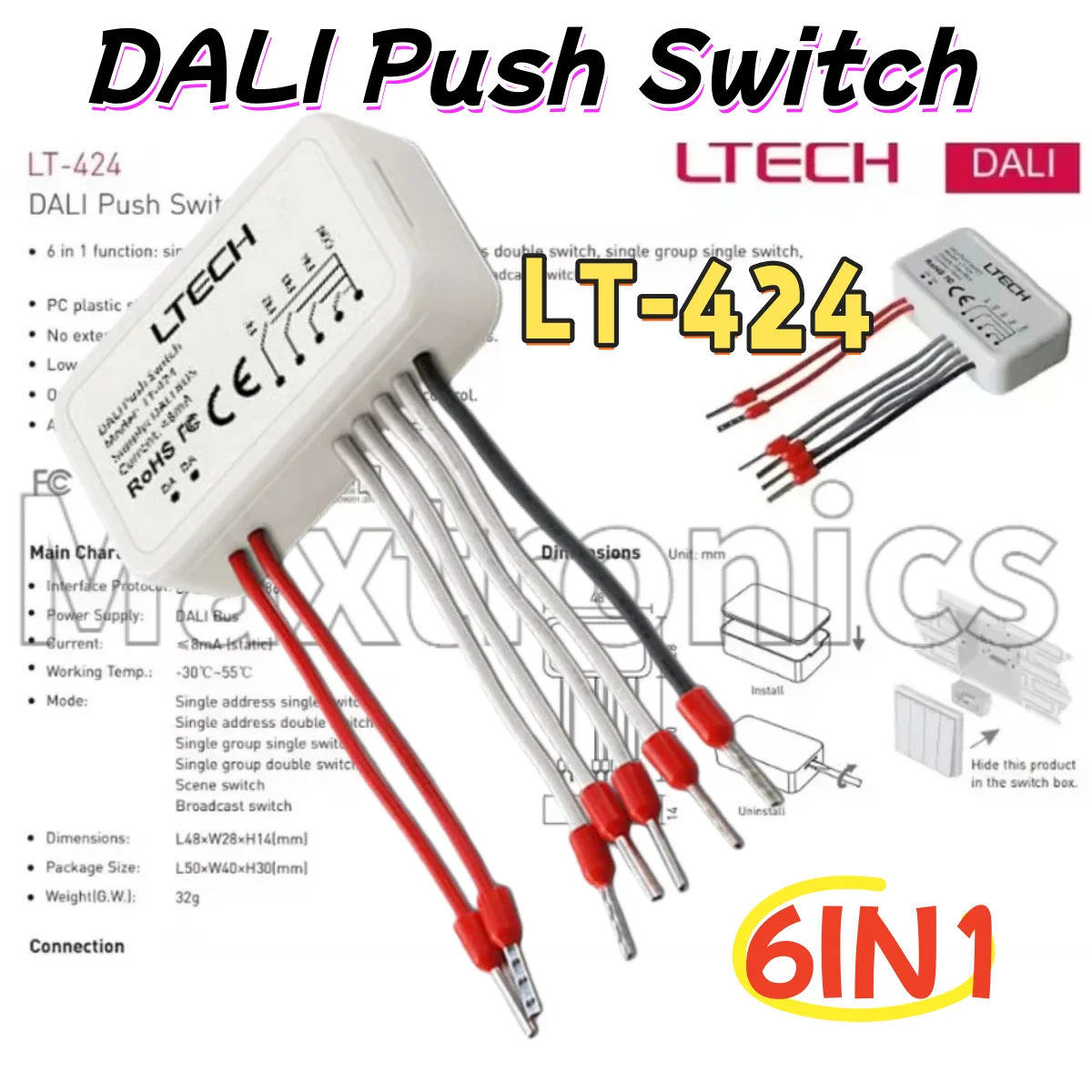 2026 6 in 1 Function DALI Push Switch LT-424 LTECH Low Voltage Operation On/Off Switch LED DALI Bus Switch for LED Strip Light