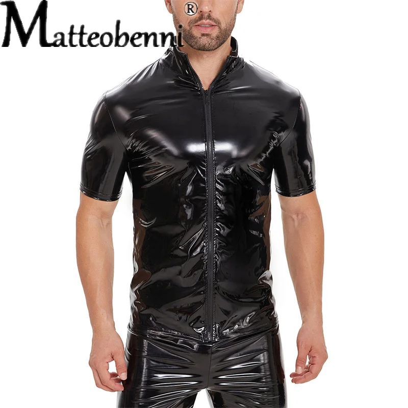 

New Men Casual Cardigan Short Sleeved Shirt PVC Glossy Patent Leather Sexy Tight Stretch Latex Outerwear Male Motorbike Clothing