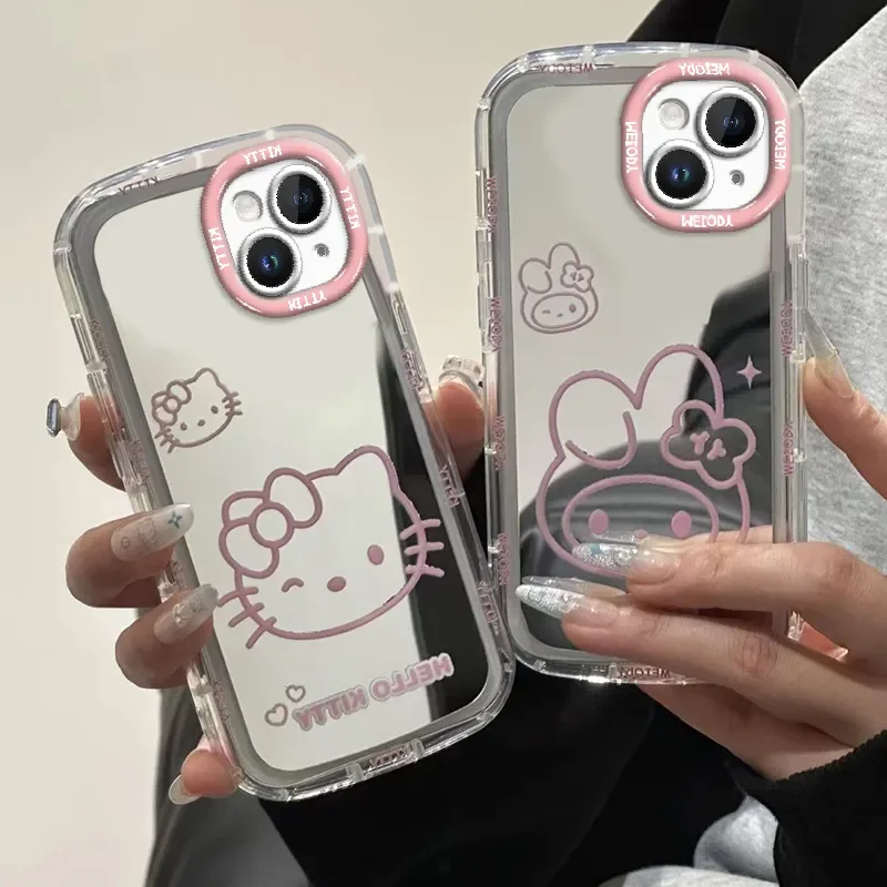 Pink Line Hello Kitty Melody Makeup Mirror Phone Case For iPhone 16 15 14 13 12 11 Pro Max XR XS MAX 7 8PLUS Y2K Girl Cute Cover