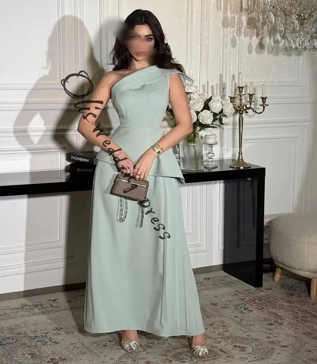 

customized Elegant One Shoulder Sleeveless Prom Dresses Pleated Ankle Length Back Zipper Party Dresses Evening Dresses