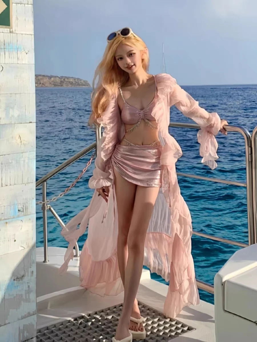 

Новый сексуальный купальник-бикини 2023 года для женщин, комплект из двух частей, розовый, со стразами, для небольшой груди, с эффектом пуш-ап, для отдыха на горячих источниках