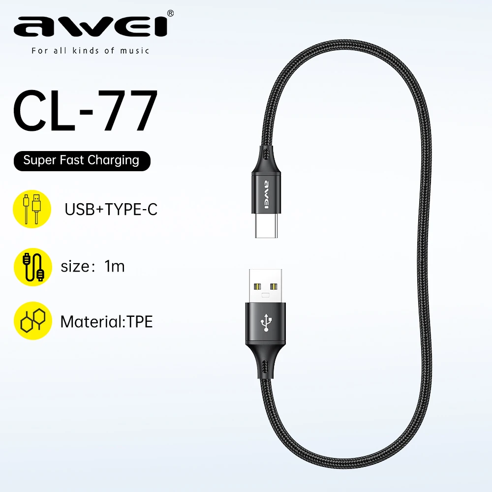 

Awei CL-77 5A USB Type C Cable For Xiaomi Samsung HUAWEI Mobile Phone Fast Charging USB C Cable Type-C Charger Micro USB Cables