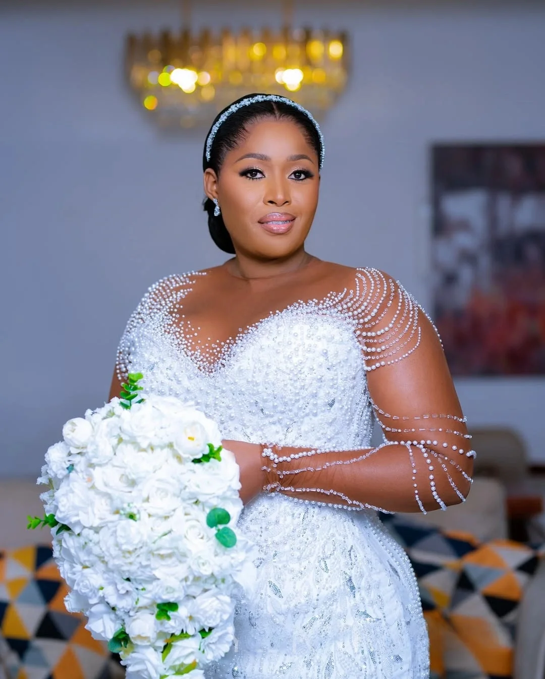 Personalizado sheer neck pérolas brilhantes vestido de casamento com saia removível vestidos de novia mangas compridas vestidos de noiva