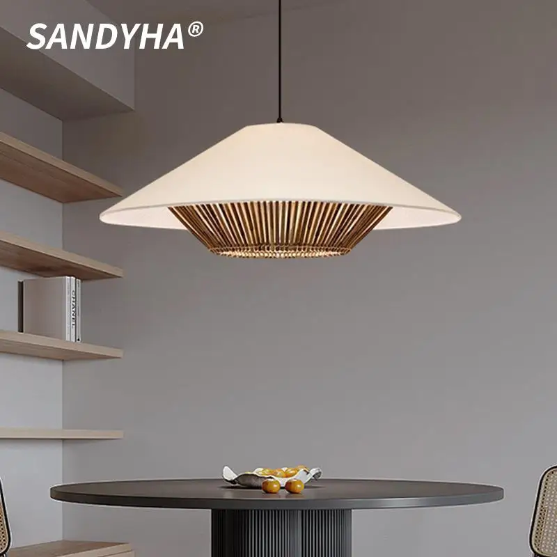 

SANDYHA Japanese Rattan Pendant Light Fabric Lampshade Design LED Lamp for Living Room Decoration Dining Table Lighting Fixtures