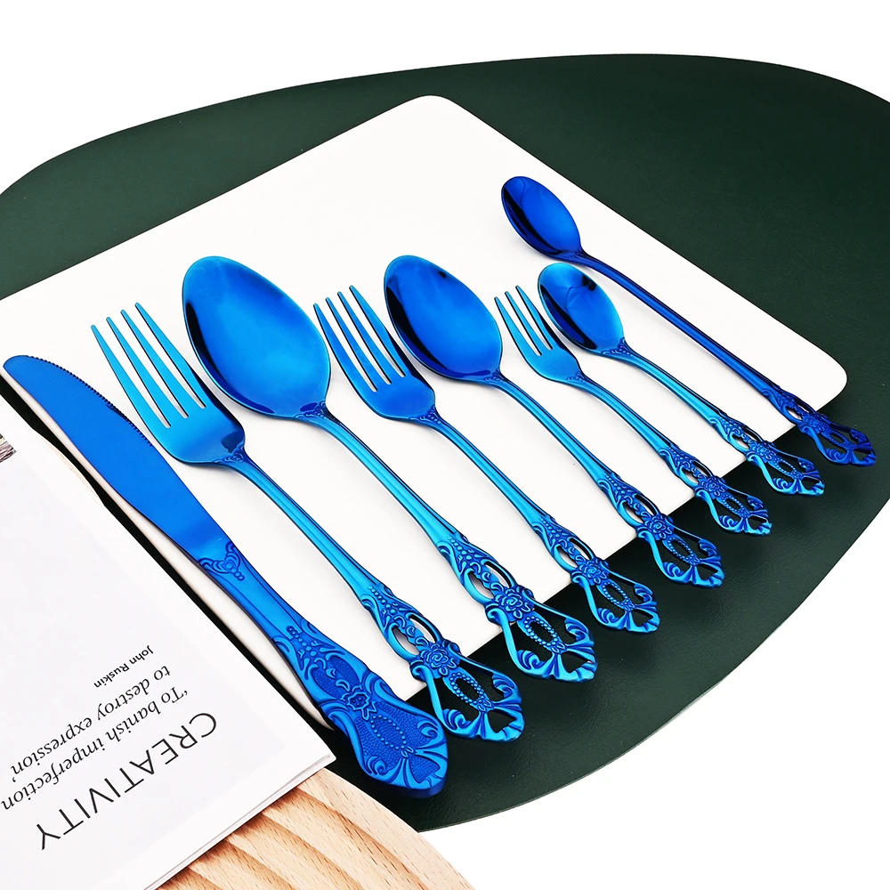 4/20Pcs Blue Tableware Set Vintage Dinner Knife Cake Fork Long Spoon Dinnerware Set Kitchen Stainless Steel Cutlery Flatware Set