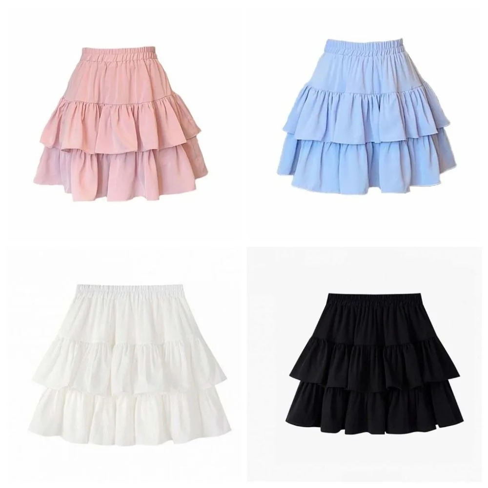 A-line High Waisted Cake Skirt Double Layer Elastic Waist Pleated Fluffy Mini Skirt Harajuku Women's Half-body Skirt