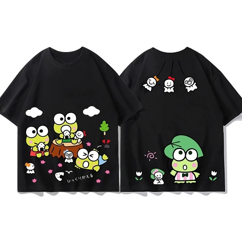 جديد Keroppi الكرتون تي شيرت أبيض الصيف سانريو المرأة حجم كبير القطن الخالص تي شيرت Y2K فضفاض عادية كم قصير #2