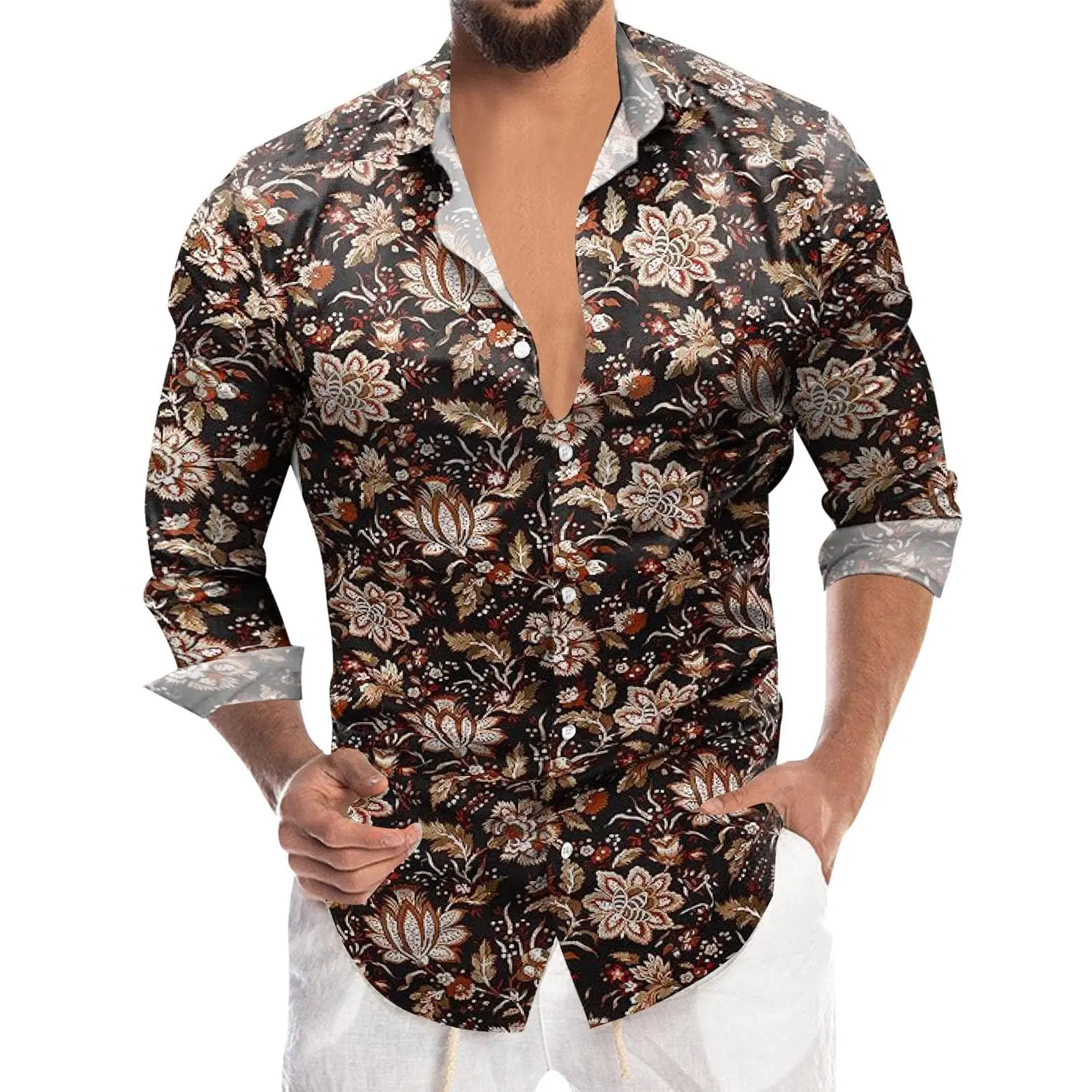 

New all-match men's shirt 3D retro floral print clothes fashion button lapel street trend men's Hawaiian long-sleeved shirt