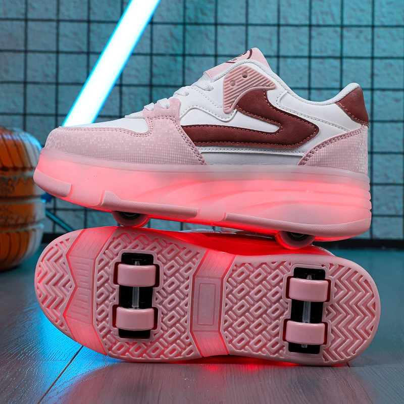 2024 Designer Girls Boys Roller Skate Shoes 4-Wheels New Lovely Sneakers bambini autunno Leather LED Luminous Shoe ricarica USB