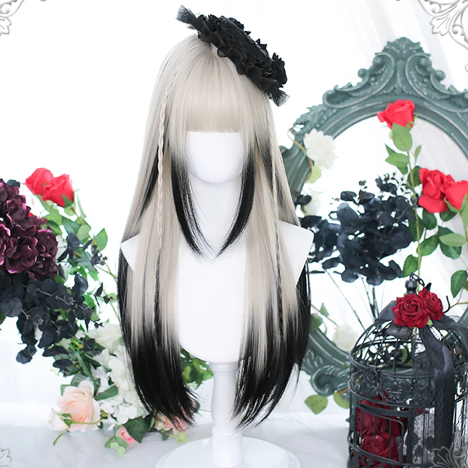 HOUYAN synthesis Long straight blonde gradient gray girl bangs school color play Lolita heat-resistant wig