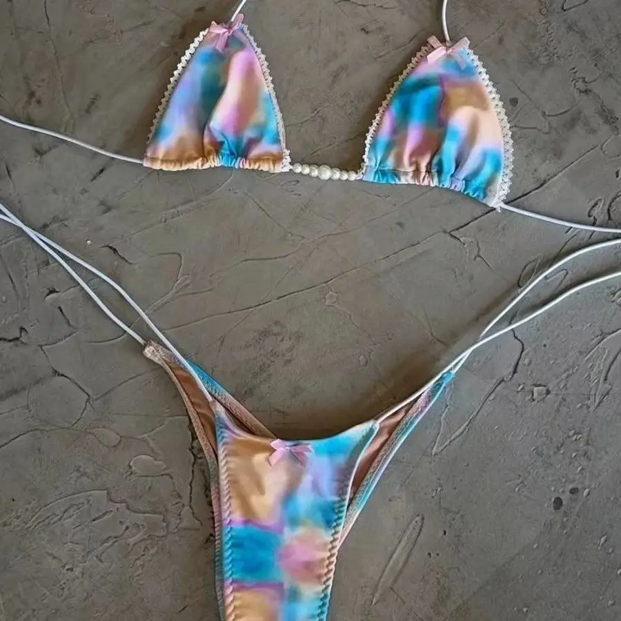 

DEKA Tie Dye Bikini Set Pearl Swimsuit Women Pleated Triangle Lace Up Thong Micro Bikini Summer New Sexy Ladies Bathing Suit