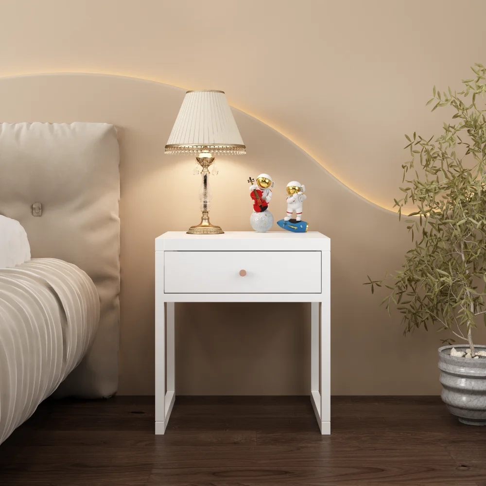 

Modern White Nightstand with Drawer, Minimalist Bedside Table with Wood Knob, Compact End Table for Bedroom