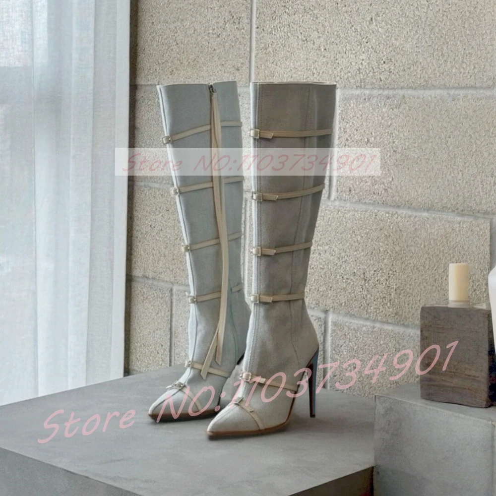 

Crystals Multi Belt Buckle Knee Boots Women Strappy Blue Denim High Heels Pointed Toe Boots Female Nifty Street Style Boots