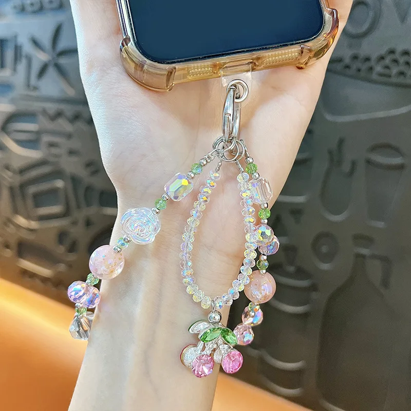 Cute 3D Cherry Pendant Phone Chain Lanyard Charm Strap Wrist Bead Cord Bracelet Keychain For iPhone Girl Hanging Rope Jewelry
