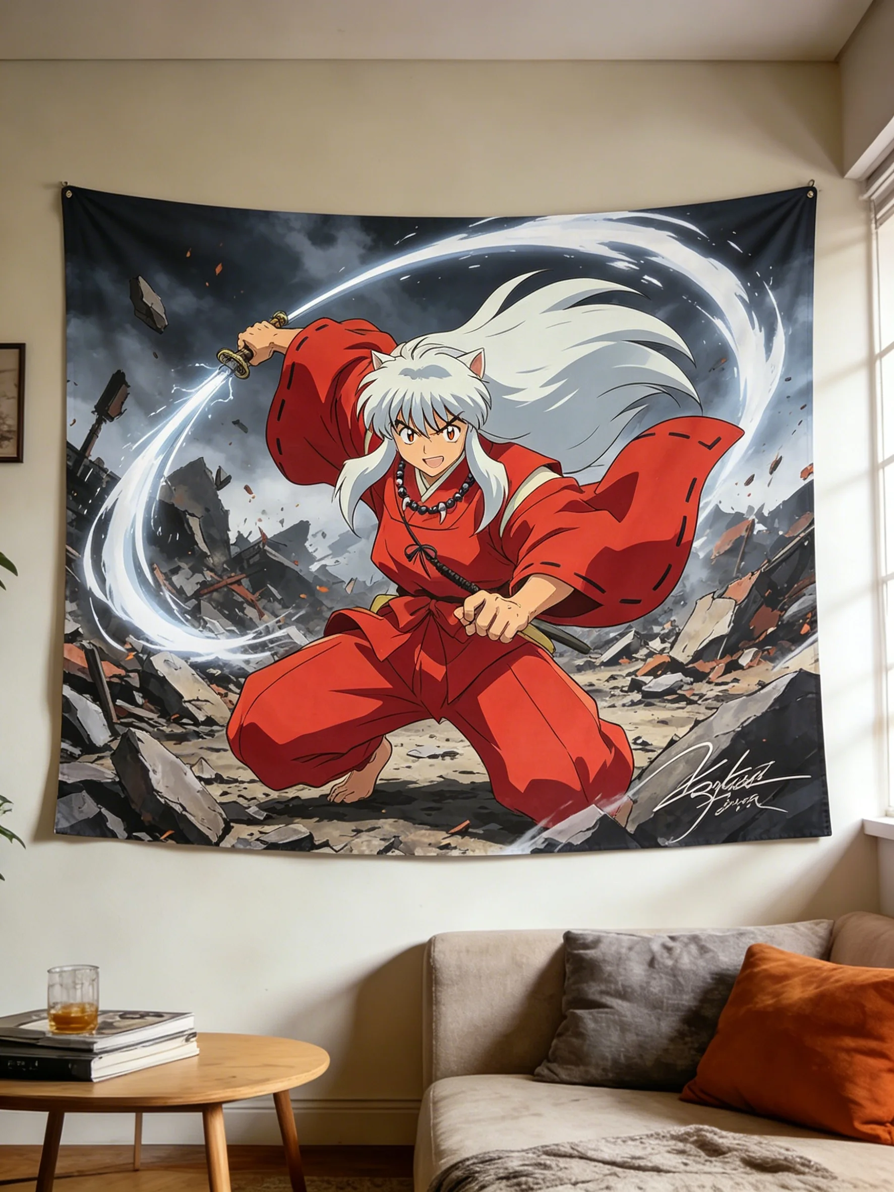 1 Stück Inuyasha Wandteppich Demon Slayer Anime Wandbehang Hintergrundstoff für Wohnzimmer Schlafzimmer Aktionsszenen-Dekoration