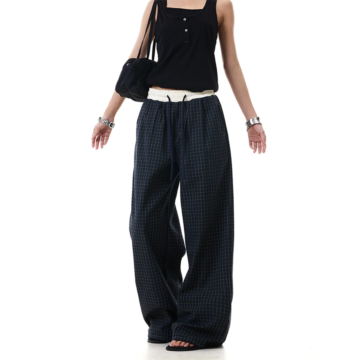 Moda feminina xadrez cordão calça outono primavera novo em calças retas perna larga cor bloqueada calças l ady casual streetwear