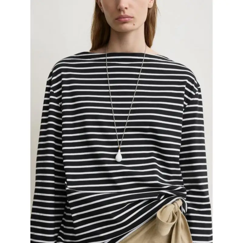 Maxdutti T-shirt Woman Clothes Elegant And Minimalist Pure Cotton Boat Neck Striped Long Sleeved T-shirt From Southern France