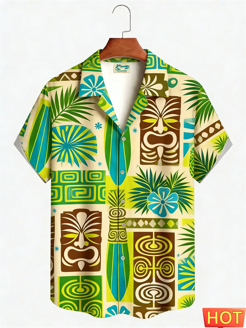 

Men's Retro Tiki Hawaiian Shirt Classic Colorful Wave & Tribal Mask Print Casual Short Sleeve Button Summer Beach Shirt Daily