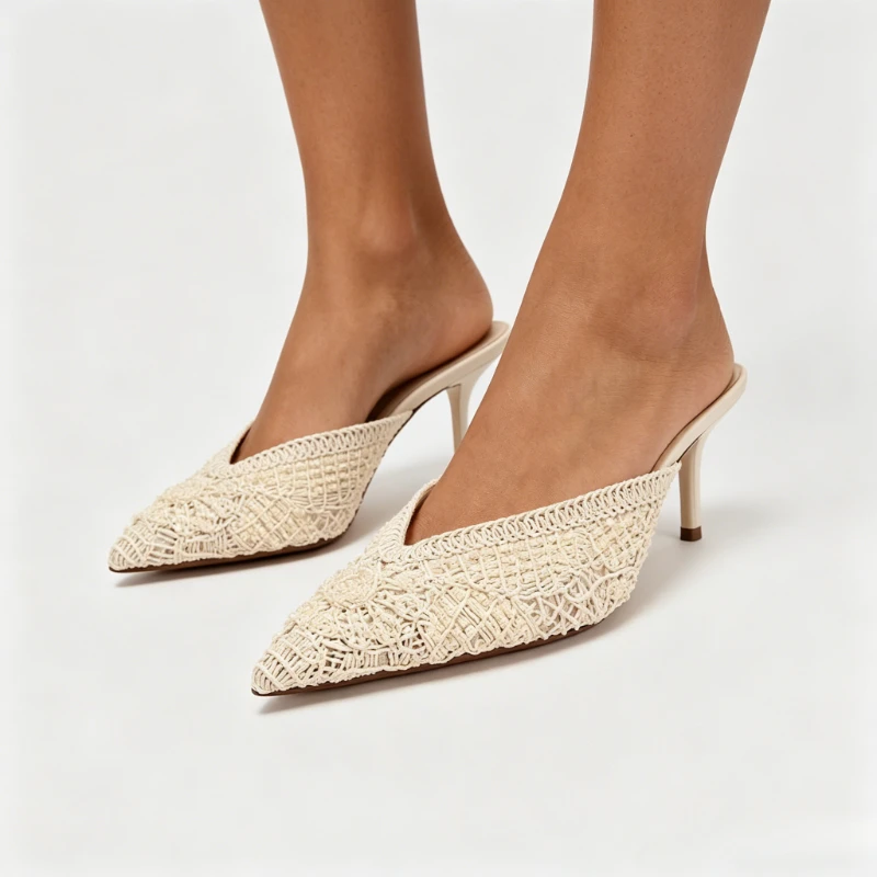 

Elegant Woven Pearl Pointed Toe Women Sandals Backless High Heels Mules Summer Fashion Outside Casual Thin Heel Slides Shoes