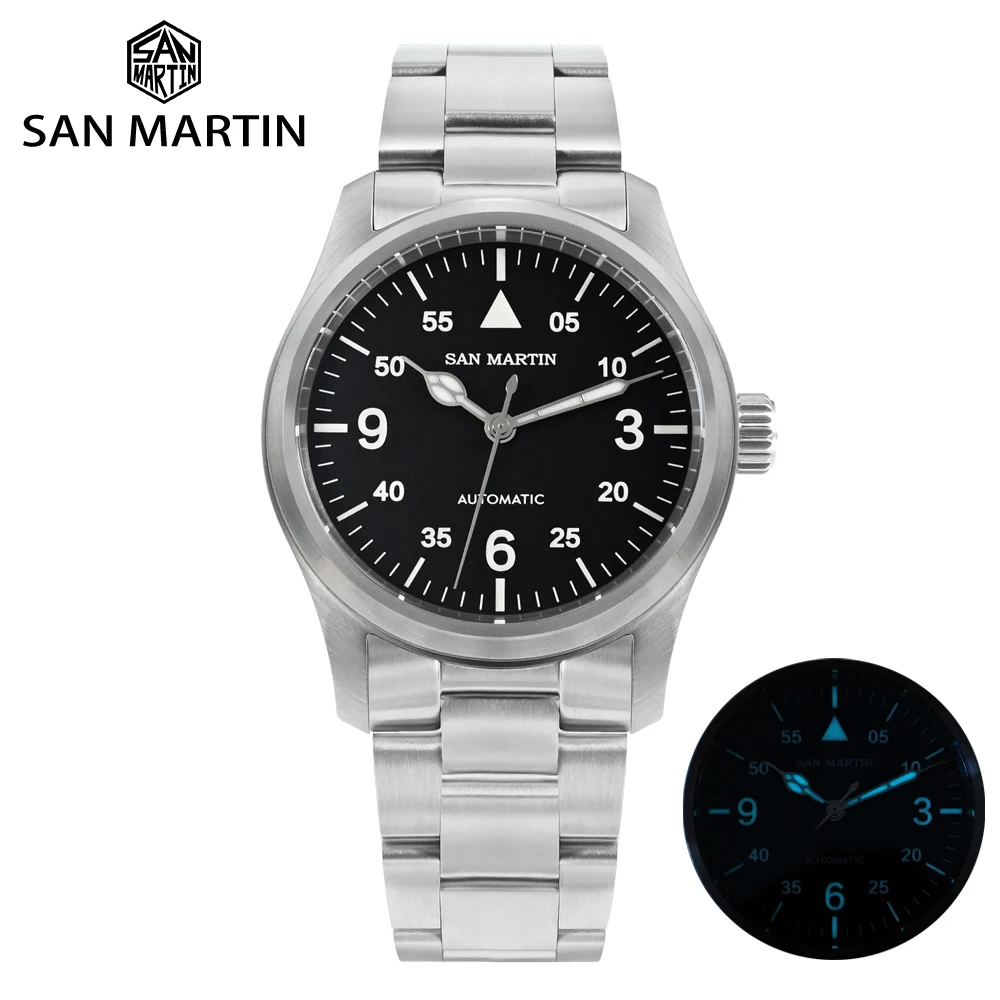 San Martin 37mm Pilot Watch Miyota 8215 Wristwatch Stainless Steel Fashion Simple Watches For Men BGW-9 10Bar Water Resistant